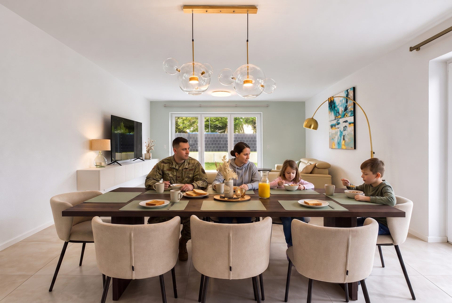 Military family at breakfast in a furnished TLA Ramstein home